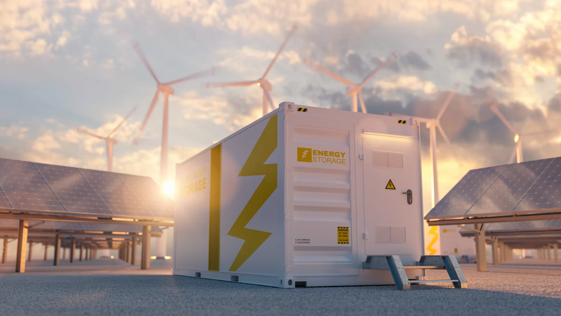 Container de armazenamento de energia entre painéis solares e aerogeradores