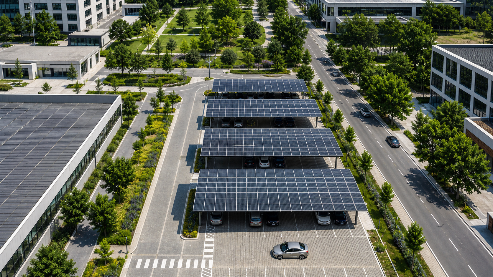 Vista aérea de estacionamento com placas solares
