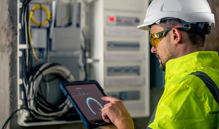 Eletricista com tablet inspecionando painel elétrico